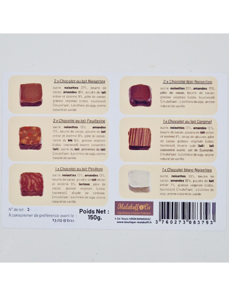 9 Bouchées coeur praliné enrobés MALAKOFF variés 150g. 9 Bouchées coeur praliné enrobés MALAKOFF variés 150g.