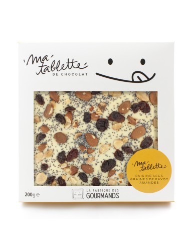 Tablette chocolat blanc 200g. - Amandes Raisins
