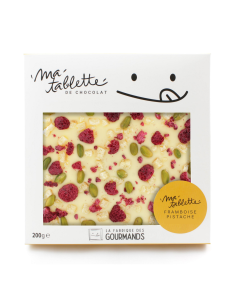 Tablette chocolat blanc 200g. - Pistaches Framboises